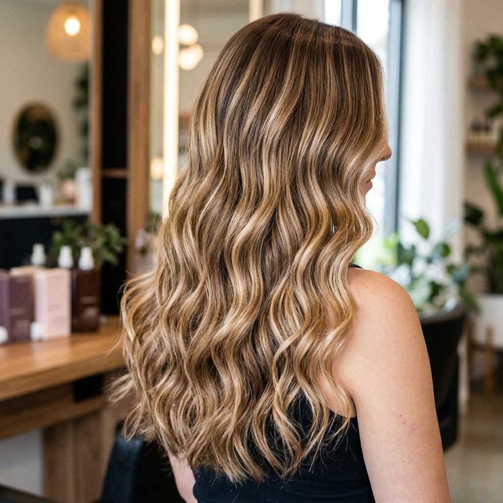 Highlighted curls finished at the salon
